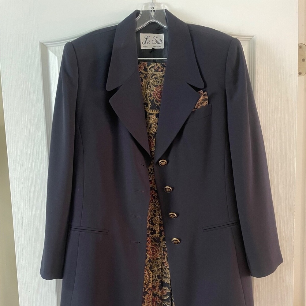 Le Suit 3 piece Set: Navy Blue Blazer/2 skirts, Print Pleated Maxi and Navy (10)